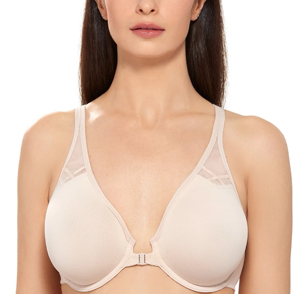 NWT Delimira Front Close Unlined Bra in Beige Size 34D Nude Color Mesh Detailing